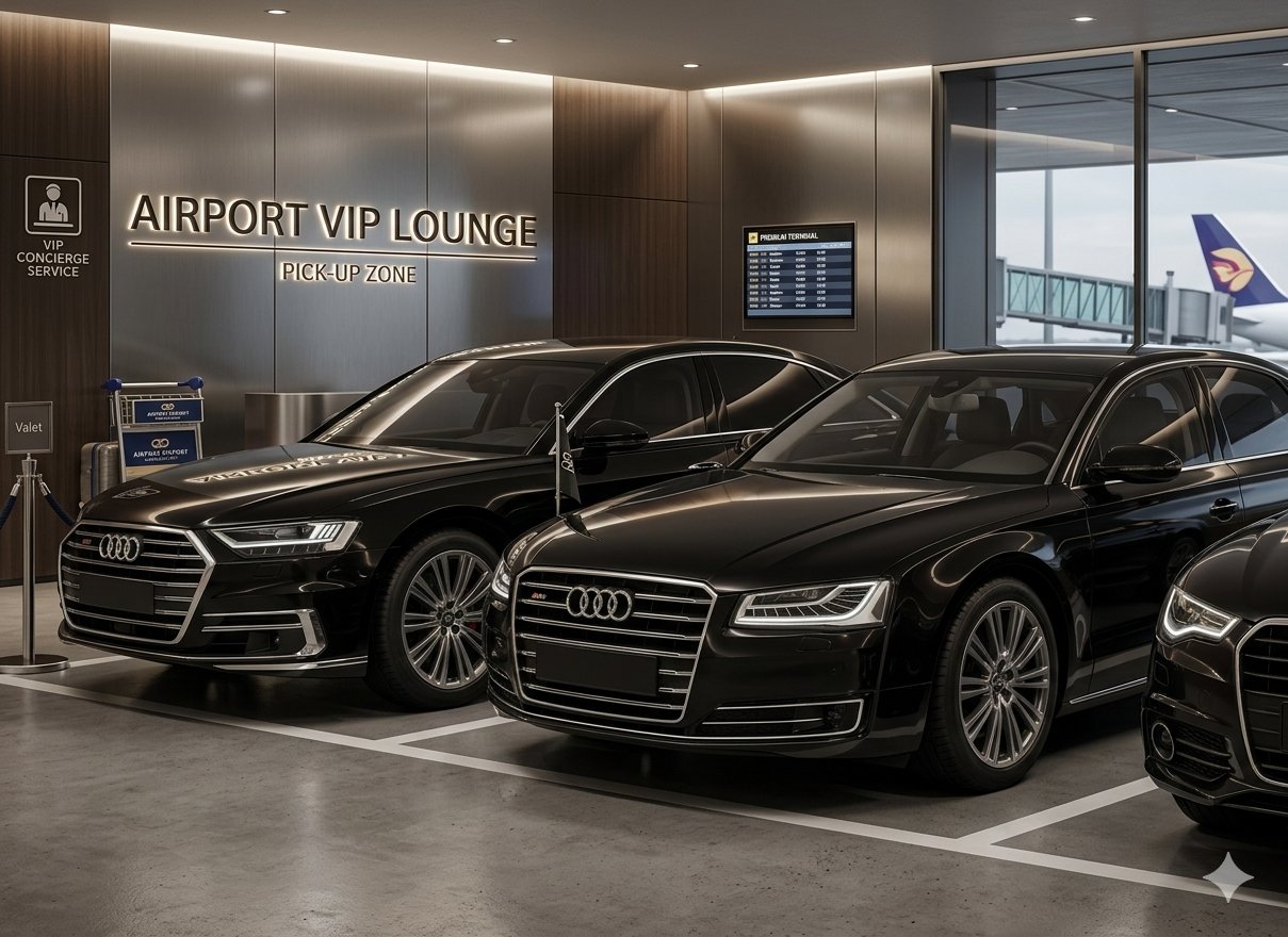 Black Audi A8L Security Quattro sedans at airport VIP lounge pick-up zone