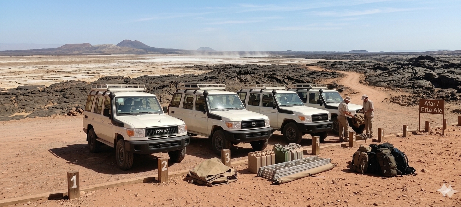 White Toyota Land Cruiser 70 series hardtop fleet at Afar Erta Ale expedition base